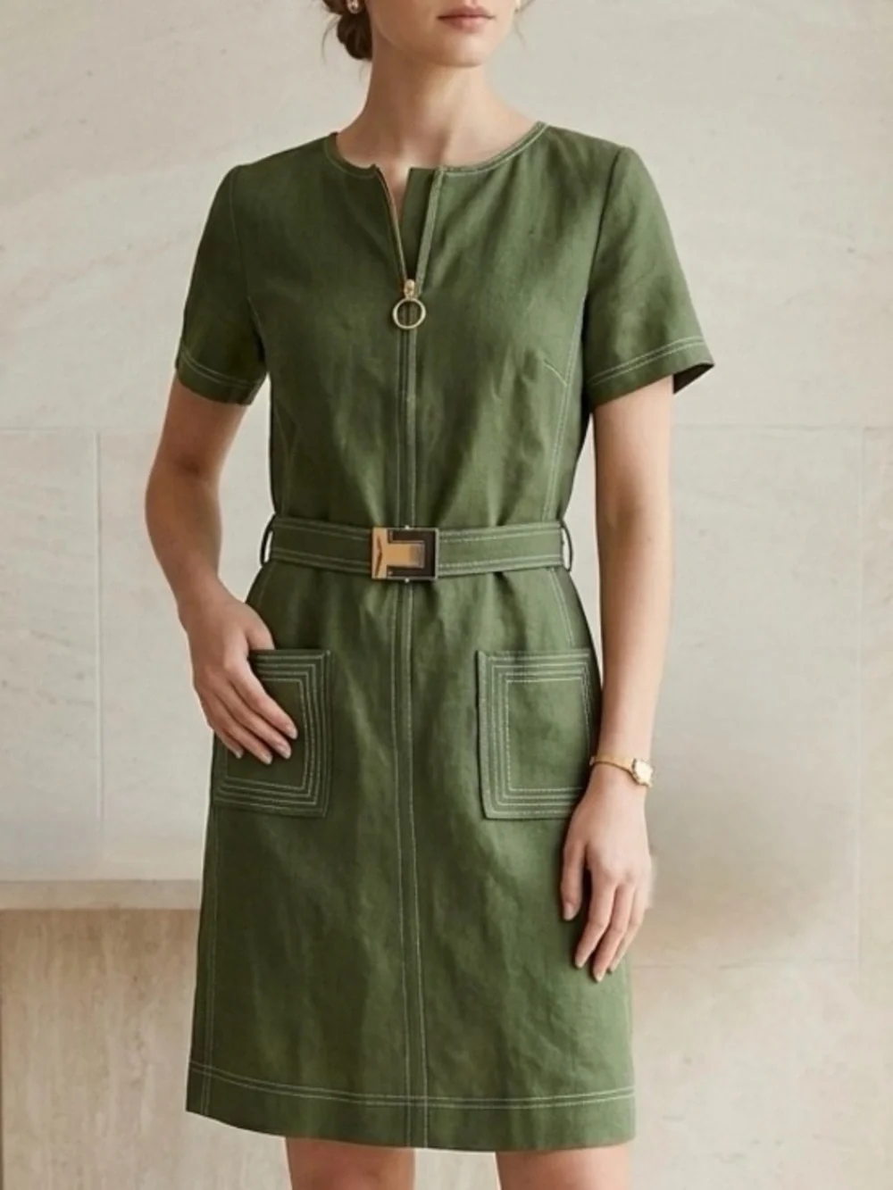 TORY BURCH Bristol Green Linen Nadia Belted Sheath Dress Size 8